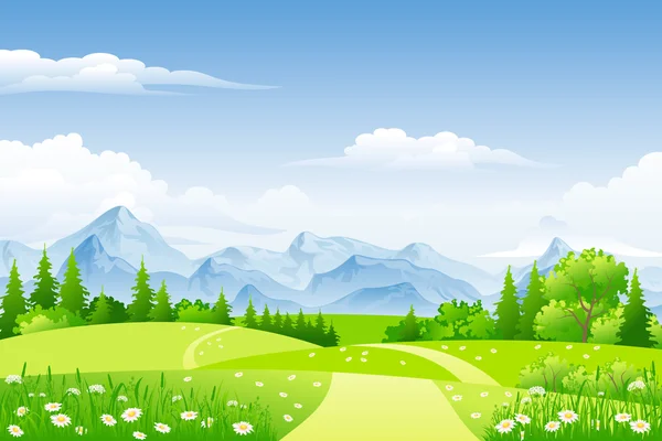 Paisaje de verano con prados y montañas — Vector de stock