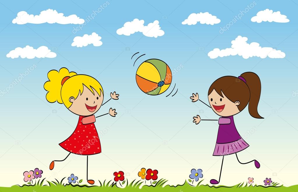 Dos chicas jugando con una pelota vector, gráfico ...