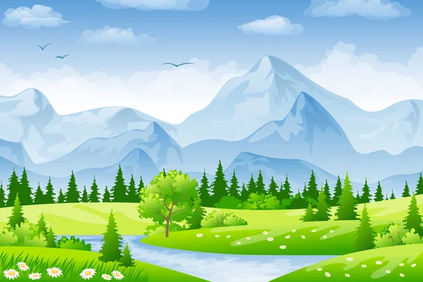 Paisaje de verano con prados y montañas — Vector de stock