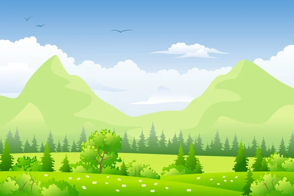 Paisaje de verano con prados y montañas — Vector de stock