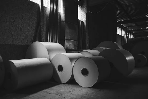 Black White Big Stack Printing Paper Rolls Warehouse Concept Production — Stock Photo, Image
