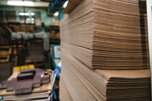 Products Corrugated Cardboard Factory Manufacture Processing Paper Copy Space Stacks — Stock Photo, Image