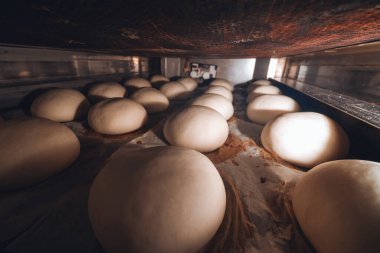 Hamburger çörekleri fırında. Endüstriyel fırın Fırın, kendi üretimi. eski ekipman