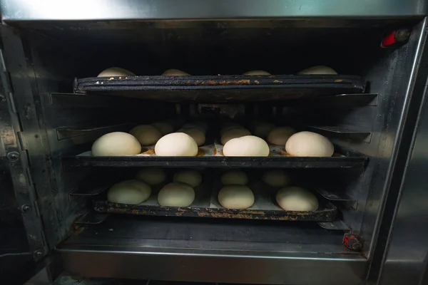 Hamburger buns in the oven. Industrial oven. Bakery, own production.