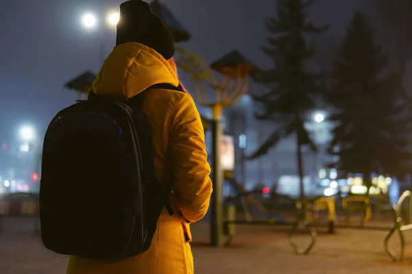 Arkadan bak. Kız gece vakti şehirde tek başına yürüyor. Sis, kış ve gece aydınlatması. Sarı, kalın bir ceket ve sırt çantası giyiyor..