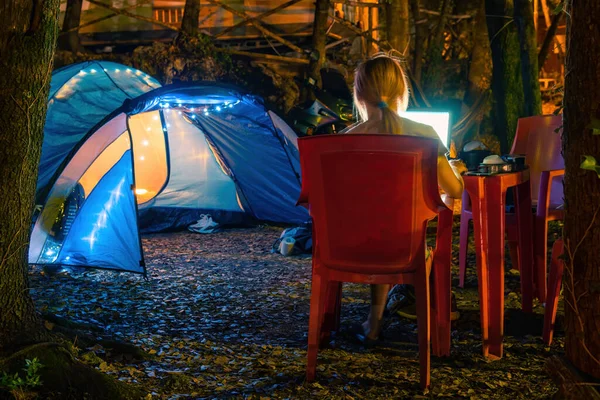 Big Blue Tent Lighting Camp Camping Motorcycle Parking Woods Travel — Stock Photo, Image