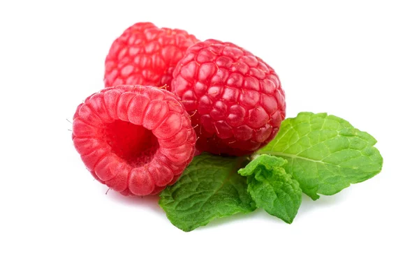 Raspberries with mint leaf closeup — Stock Photo, Image