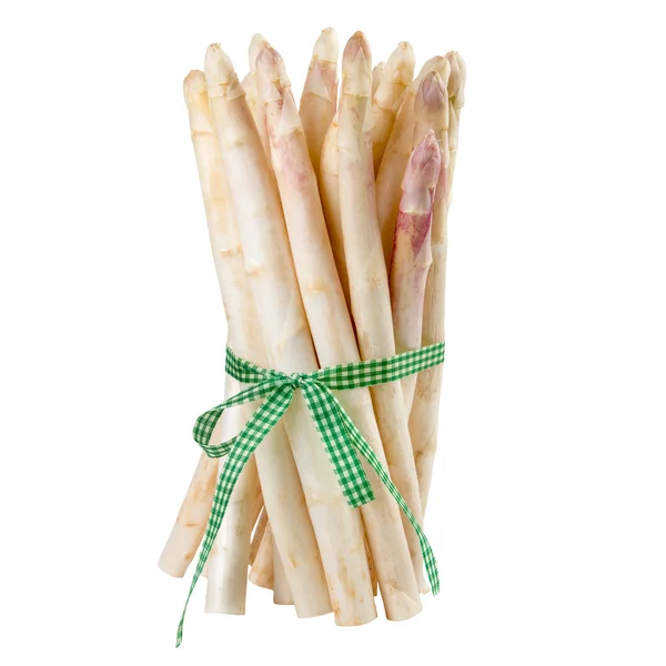 Bundle of white asparagus with green ribbon. Asparagus isolated on white background. — Stock Photo, Image