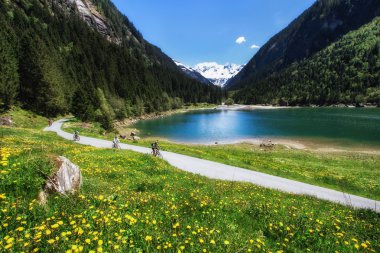 Mountain bikers through summer landscape on a road, near Stillup Lake, Austria, Tirol. clipart