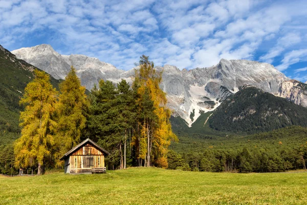 Autumn scenery of Miemenger Plateau with rocky mountains peaks in the background. Austria, Europe, Tyrol — Stock Photo, Image