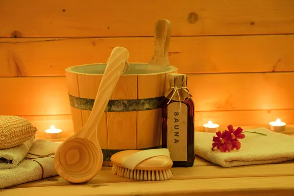 Wooden Sauna and Accessories Set — Stock Photo, Image