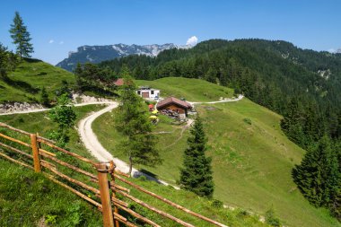 Brentenjochalm yakınındaki dağlarda kırsal sahne. Alpler, Avusturya, Tirol