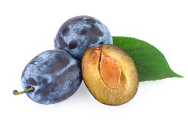 Beyaz izole Erik yeşil yaprak