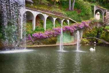 Lake with waterfall in Tropical Garden Monte Palace. Funchal, Madeira, Portugal
