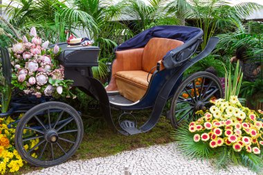 Funchal, Madeira - 16 Nisan 2015: Funchal City, Madeira, Portekiz'deki ana alışveriş caddesinin şenlikli çiçekleri dekorasyonu.