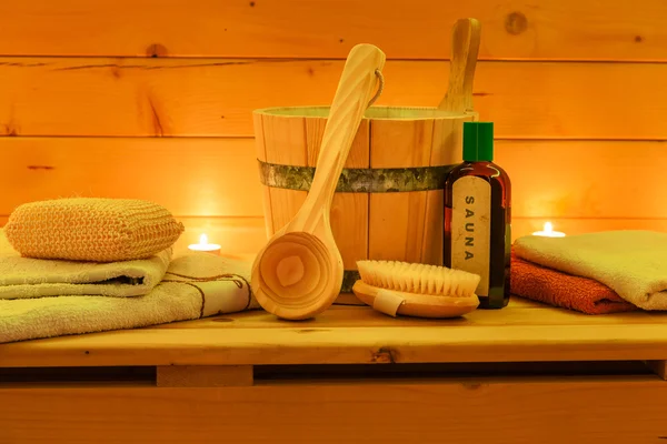 Ensemble de sauna et sauna en bois — Photo