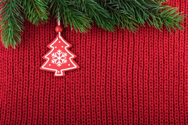 Christmas Decoration on Red Knitted  Wool Background — Stock Photo, Image