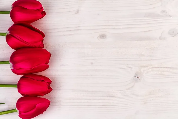 Red Tulips op lichte hout met vrije tekst ruimte — Stockfoto