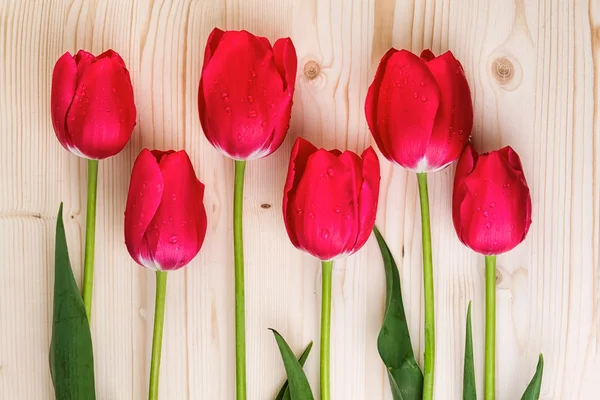 Tulipanes rojos sobre fondo de madera —  Fotos de Stock