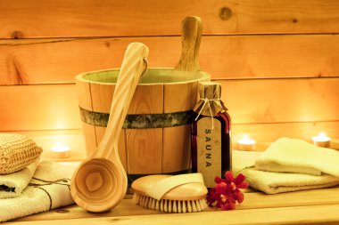 Sauna aksesuarları ile sauna petrol, ahşap Kepçe, Kepçe, havlu