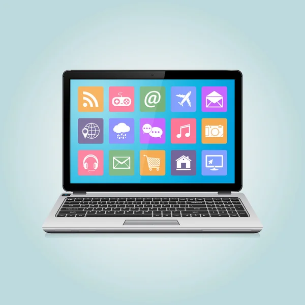 Laptop moderno com ícones — Vetor de Stock