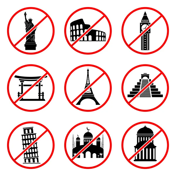 Not to visit landmarks icons — Stock Vector