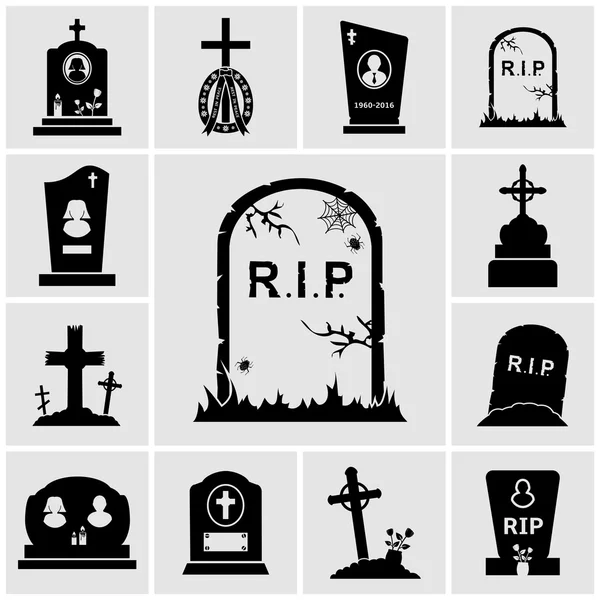 Cementerio cruces y lápidas iconos conjunto — Archivo Imágenes Vectoriales