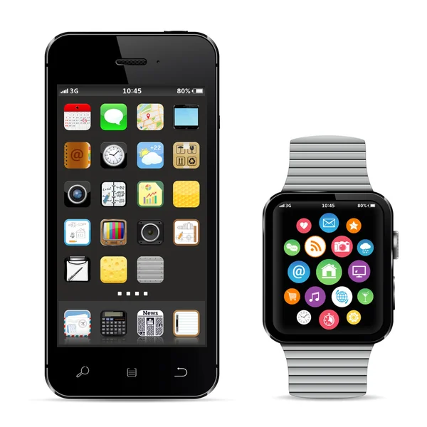Smartphone nero con orologio intelligente — Vettoriale Stock