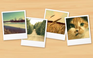 Ahşap masa üzerinde eski polaroid fotoğraf