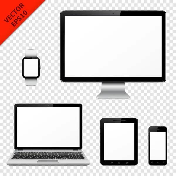 Monitor komputerowy, laptop, tablet pc, telefon komórkowy i inteligentny zegarek z pusty ekran — Wektor stockowy
