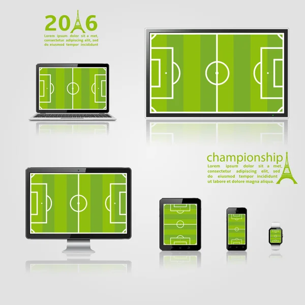 TV-scherm, lcd monitor, notebook, tablet pc, mobiele telefoon, slimme horloge met footbal veld op scherm — Stockvector