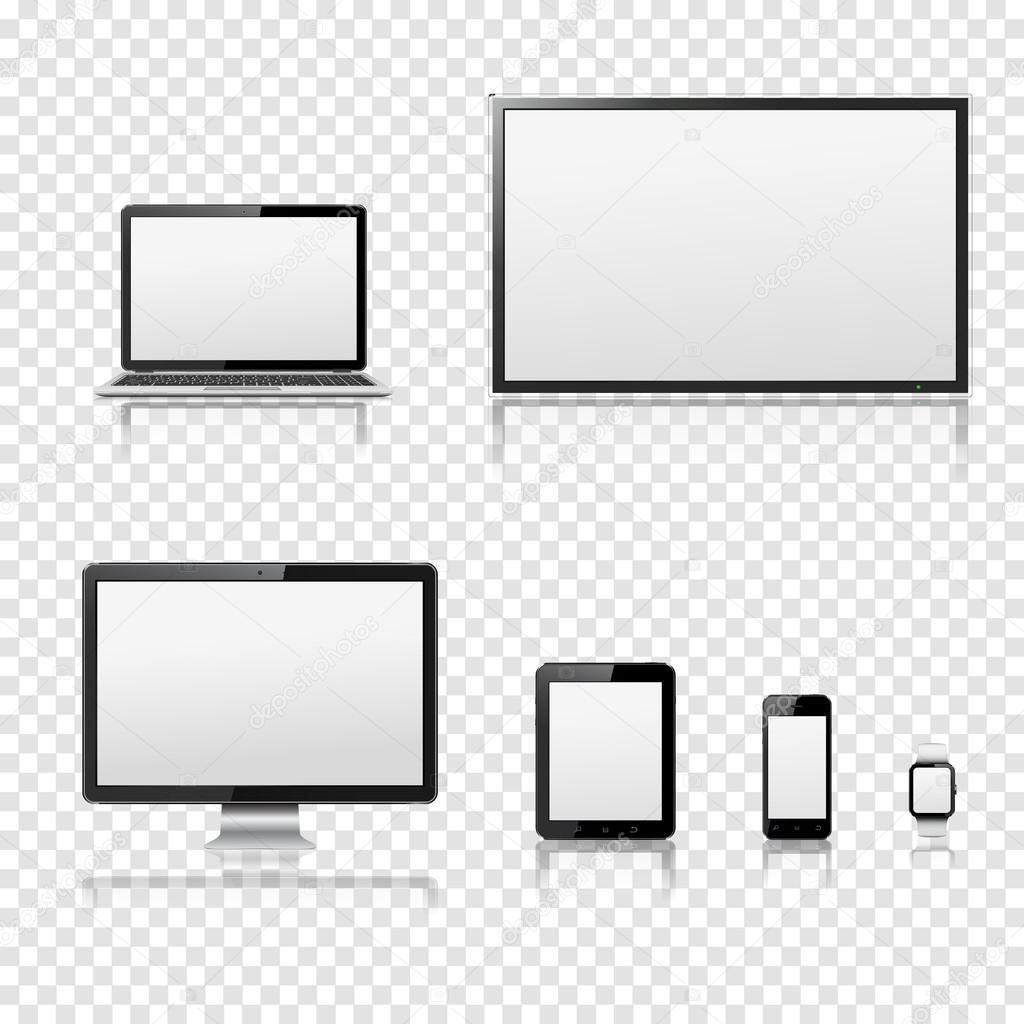 Телевизор, lcd монитор, ноутбук, планшетный компьютер, мобильный телефон,  смарт-часы, изолированные на прозрачном фоне Стоковый вектор ©fad82  113409488