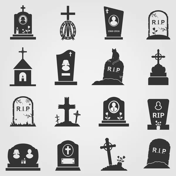 Cruces de cementerio e iconos de lápidas — Vector de stock