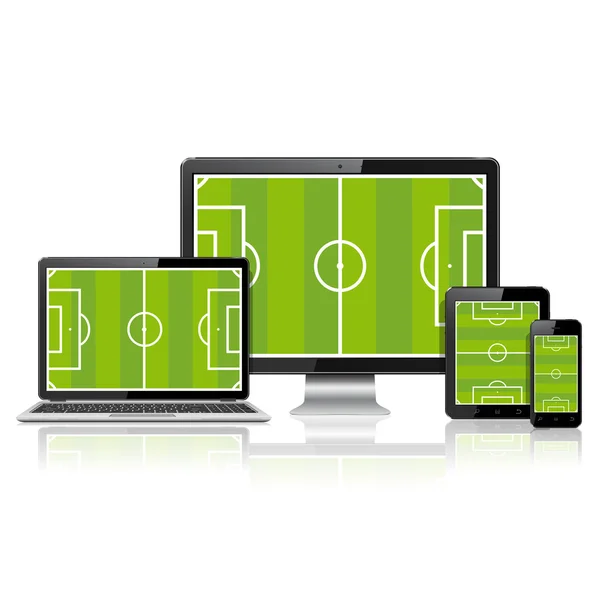 Moderne digitale apparaten met voetbalveld op scherm — Stockvector