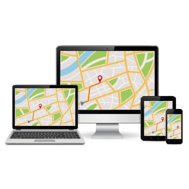 Bilgisayar monitör, dizüstü bilgisayar, tablet pc ve cep telefonu ile Gps harita ekran üzerinde