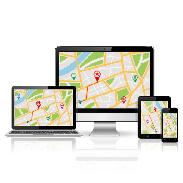 Computer monitor, laptop, tablet pc and mobile phone with GPS map on screen — Stock Vector