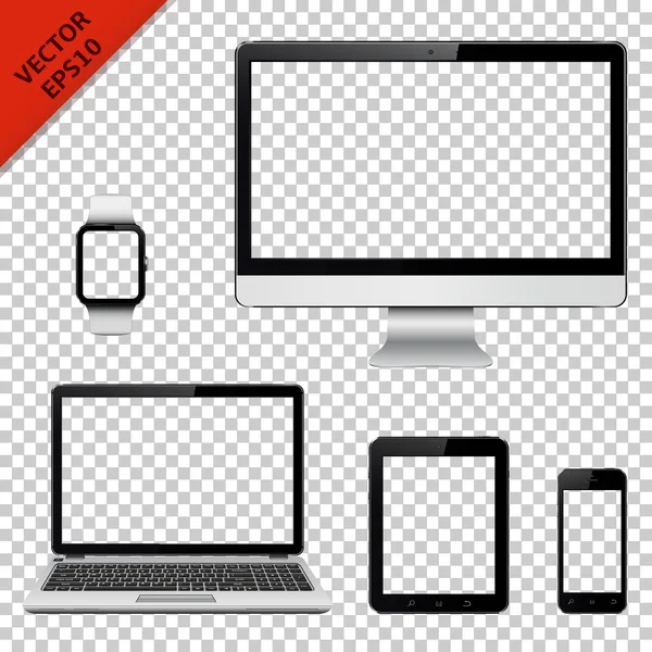 Moniteur d'ordinateur, ordinateur portable, tablette PC, téléphone portable et modèles de montre intelligente — Image vectorielle