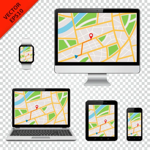 Dispositivos digitales con mapa GPS en pantalla — Vector de stock