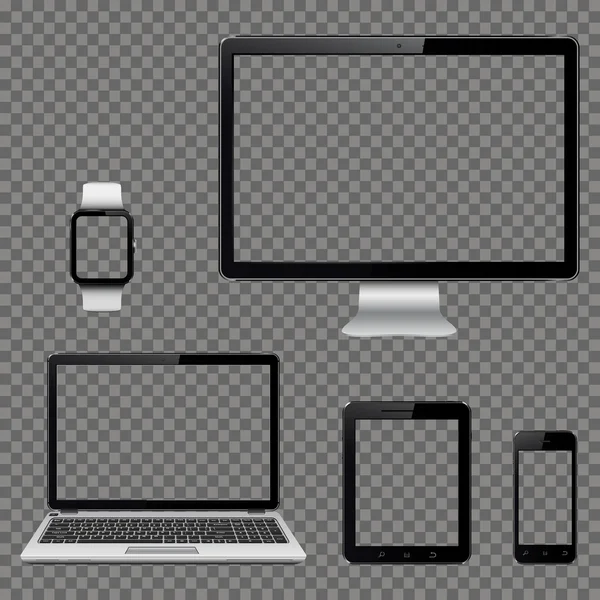 Monitor de ordenador, portátil, tablet PC, teléfono móvil y reloj inteligente con pantalla transparente — Vector de stock