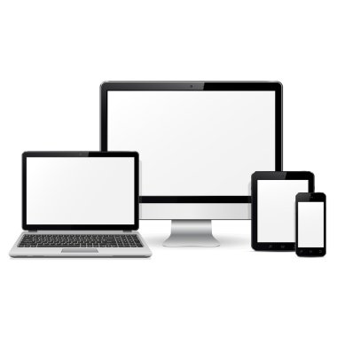 Bilgisayar monitör, dizüstü bilgisayar, tablet pc ve cep telefonu şablon duyarlı tasarım sunum için
