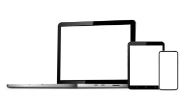 Laptop, tablet, telefon modeli. Karşıt web tasarımı için vektör illüstrasyonu.