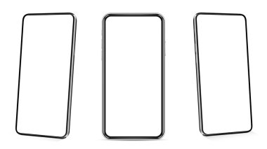 Gerçekçi bir akıllı telefon modeli. Boş ekran izole şablonlara sahip cep telefonu çerçevesi. Farklı manzaralı cep telefonu. Vektör illüstrasyonu.