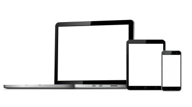 Laptop, tablet, telefon modeli. Karşıt web tasarımı için vektör illüstrasyonu.