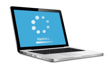 Sistem yazılım güncelleme kavramı. İşlem dizüstü bilgisayarda yükleniyor. Vektör illüstrasyonu.