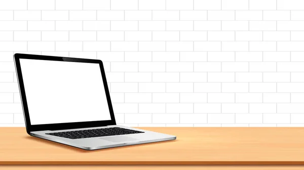 Moderne Laptop Met Blanco Scherm Tafel Tegen Witte Bakstenen Muur — Stockvector