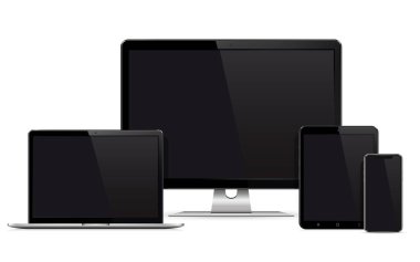 Yanıtlı web tasarımı bilgisayar görüntüleme, dizüstü bilgisayar ve cep telefonu izole edilmiş tablet bilgisayar. Vektör illüstrasyonu.