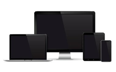 Yanıtlı web tasarımı bilgisayar görüntüleme, dizüstü bilgisayar ve cep telefonu izole edilmiş tablet bilgisayar. Vektör illüstrasyonu.