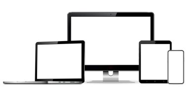 Modern bilgisayar monitörü, dizüstü bilgisayar, dijital tablet ve boş ekranlı cep telefonu. Beyaz arka planda izole edilmiş. Vektör illüstrasyonu.