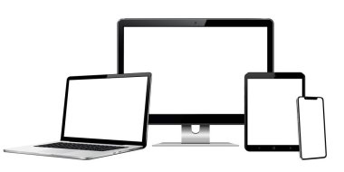 Yanıtlı web tasarımı bilgisayar görüntüleme, dizüstü bilgisayar ve cep telefonu izole edilmiş tablet bilgisayar. Vektör illüstrasyonu.