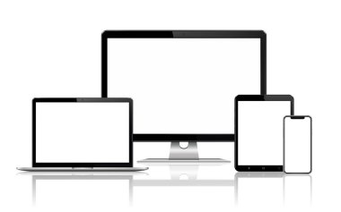 Yanıtlı web tasarımı bilgisayar görüntüleme, dizüstü bilgisayar ve cep telefonu izole edilmiş tablet bilgisayar. Vektör illüstrasyonu.